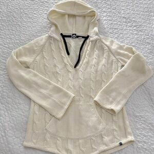 Roxy XS Ivory and black strap Cable Knit Hoodie Sweater with Front Pocket Y2K